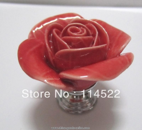 hand made ceramic red rose knobs with silver chrome base flower knob cabinet pull kitchen cupboard knob kids drawer knobs mg-16